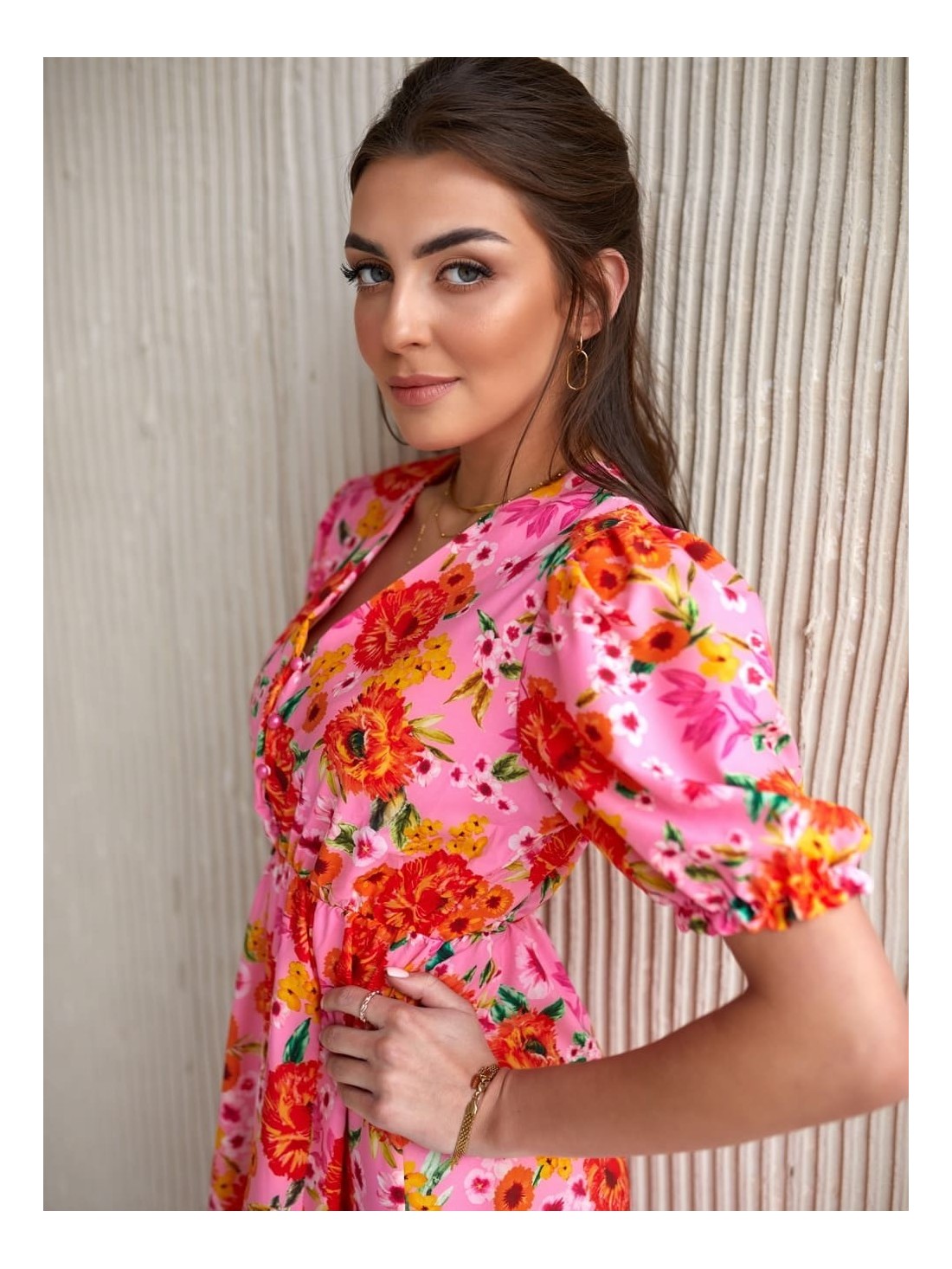 Floral dress with ruffles, pink and orange 8107 - Online store - Boutique